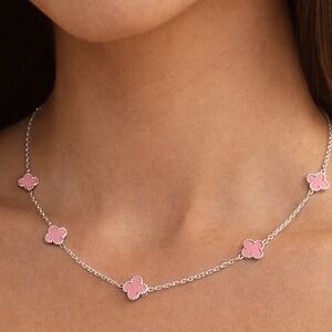Clover Necklace Pink Enamel Silver Tone Pendant Chain Choker Women Lucky Charm
